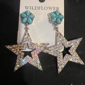 Wildflowers Silver Star Earrings with Blue Floral Accents